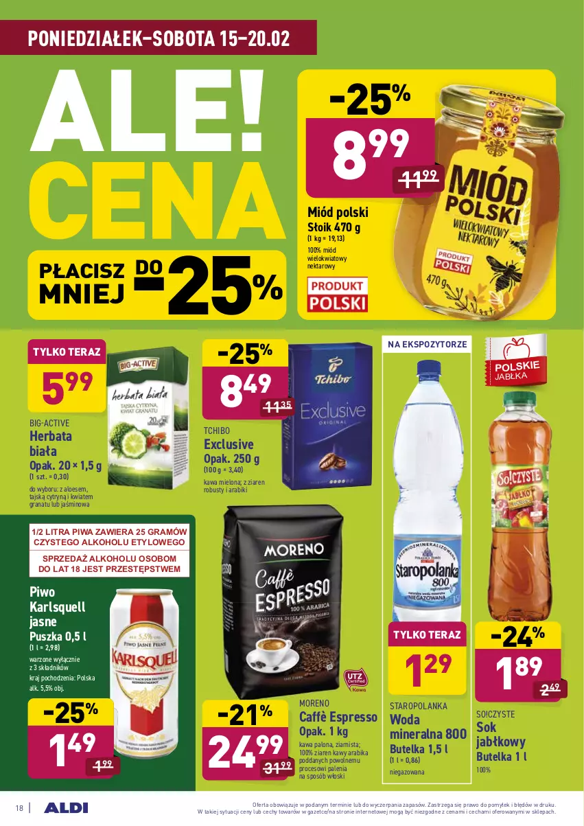 Gazetka promocyjna Aldi - ALE! CENA w ALDI - ważna 15.02 do 20.02.2021 - strona 18 - produkty: Gra, Granat, Herbata, Karlsquell, Kawa, Kawa mielona, Miód, Nektar, Piwa, Piwo, Sok, Sok jabłkowy, Staropolanka, Tchibo, Tera, Woda