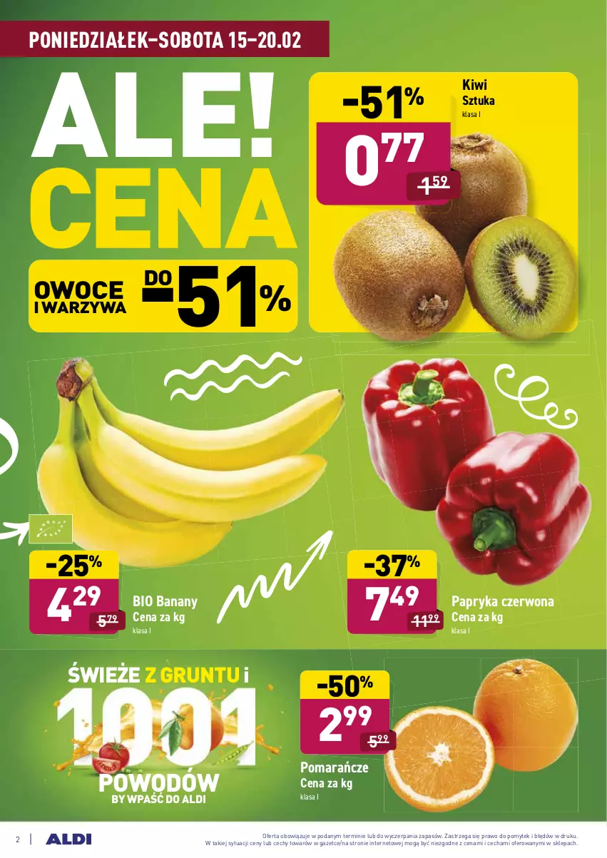 Gazetka promocyjna Aldi - ALE! CENA w ALDI - ważna 15.02 do 20.02.2021 - strona 2 - produkty: Banany, Grunt, Kiwi, Owoce, Papryka, Papryka czerwona, Pomarańcze, Warzywa