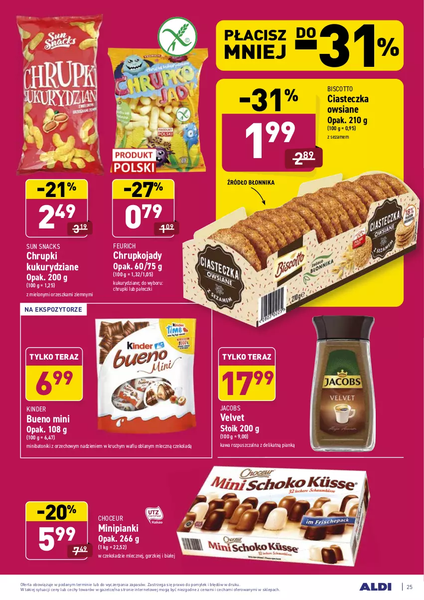 Gazetka promocyjna Aldi - ALE! CENA w ALDI - ważna 15.02 do 20.02.2021 - strona 25 - produkty: Baton, Chrupki, Jacobs, Kawa, Kawa rozpuszczalna, Kinder, Sezam, Tera, Tonik, Velvet