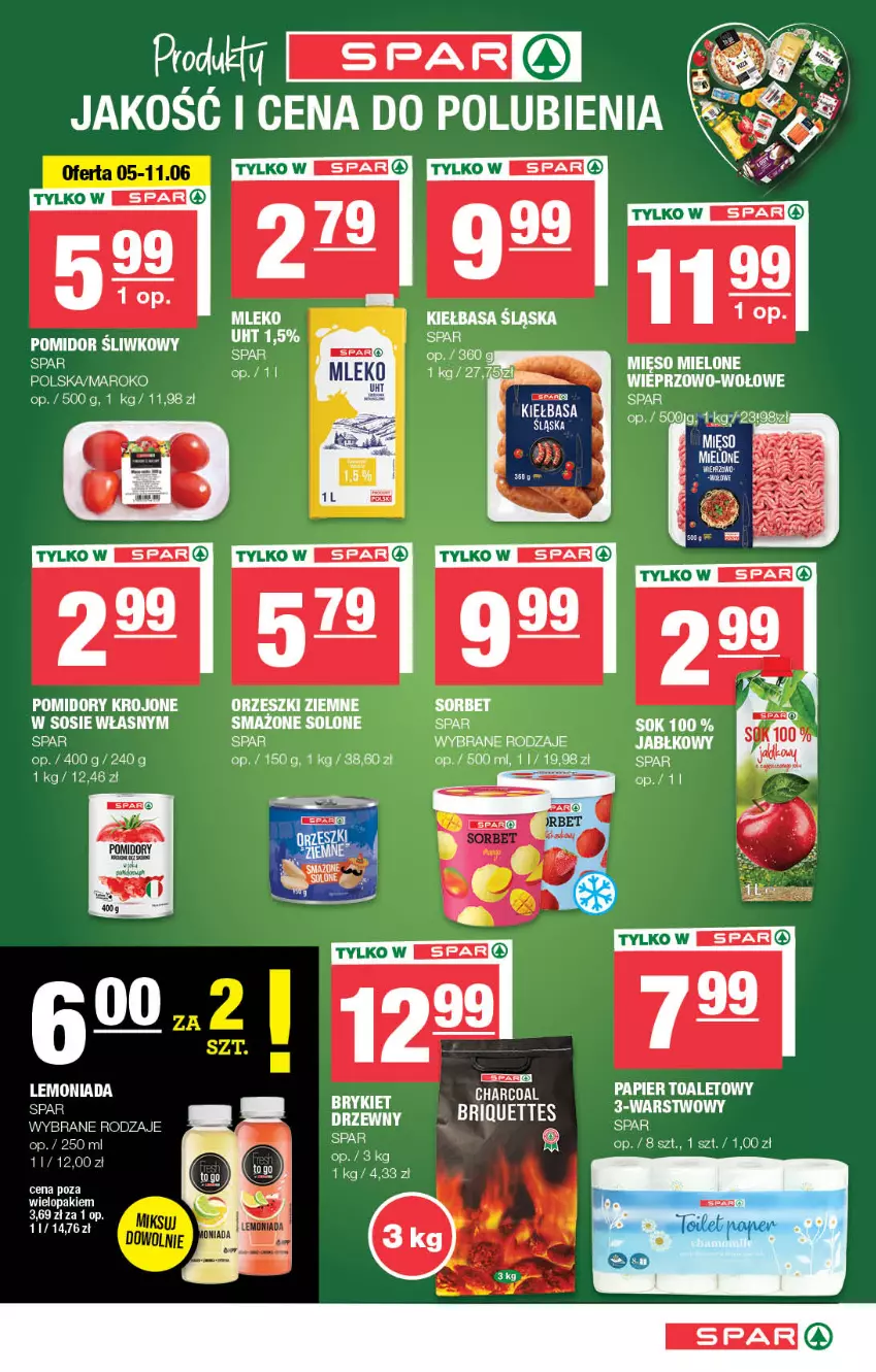 Gazetka promocyjna Spar - Spar - ważna 02.06 do 12.06.2024 - strona 5 - produkty: Fa, Jaja, Kiełbasa, Kiełbasa śląska, Lemoniada, Mięso, Mięso mielone, Orzeszki, Orzeszki ziemne, Pomidory, Pomidory krojone, Sok, Sos