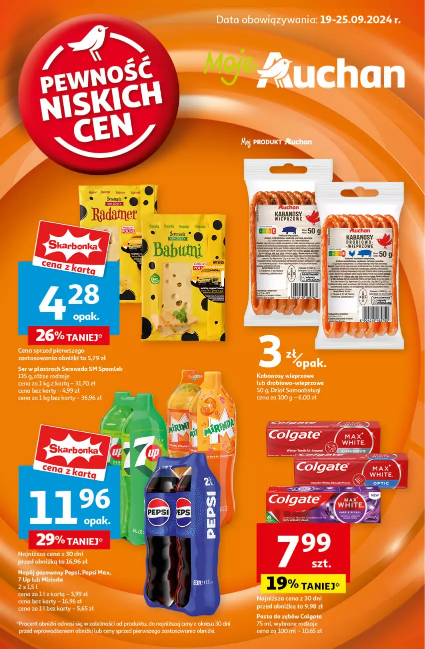 Gazetka promocyjna Auchan - Pewność Niskich Cen Moje - ważna 19.09 do 25.09.2024 - strona 1 - produkty: Colgate, Kabanos, Koc, LG, Mirinda, Napój, Napój gazowany, Pasta do zębów, Pepsi, Pepsi max, Ser