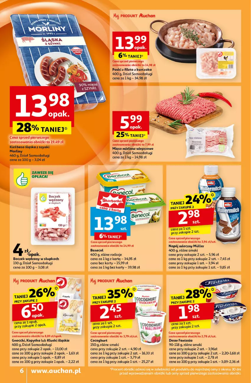 Gazetka promocyjna Auchan - Pewność Niskich Cen Moje - ważna 19.09 do 25.09.2024 - strona 8 - produkty: Benecol, Boczek, Deser, Fa, Fanta, Gnocchi, Kiełbasa, Kiełbasa śląska, Kopytka, Kurczak, Mięso, Mięso mielone, Morliny, Mus, Napój, Napój mleczny, Ser