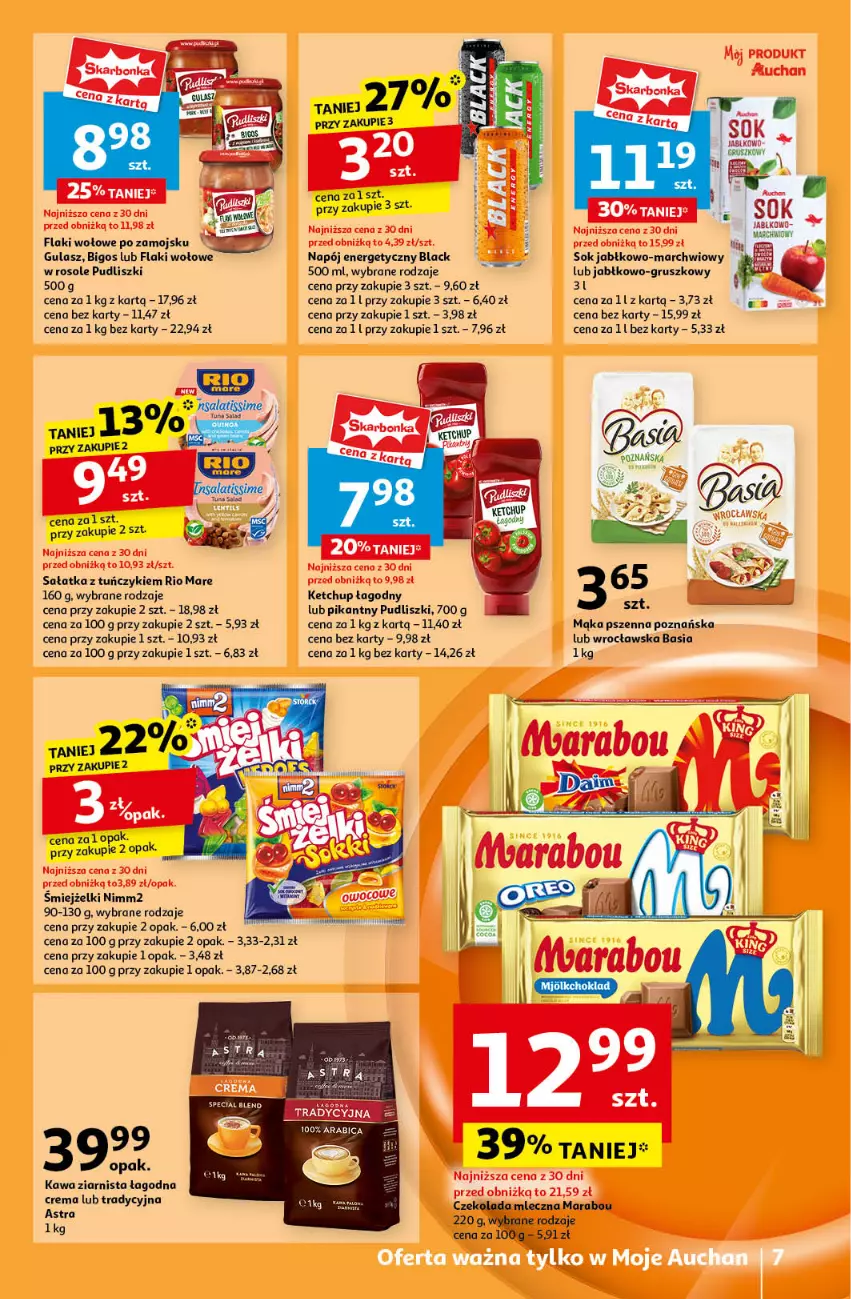 Gazetka promocyjna Auchan - Pewność Niskich Cen Moje - ważna 19.09 do 25.09.2024 - strona 9 - produkty: Basia, BIC, Bigos, Czekolada, Czekolada mleczna, Flaki, Flaki wołowe, Gala, Kawa, Kawa ziarnista, Ketchup, Lack, Mąka, Mąka pszenna, Napój, Napój energetyczny, Nimm2, Pudliszki, Rio Mare, Sałat, Sałatka, Sok, Tuńczyk