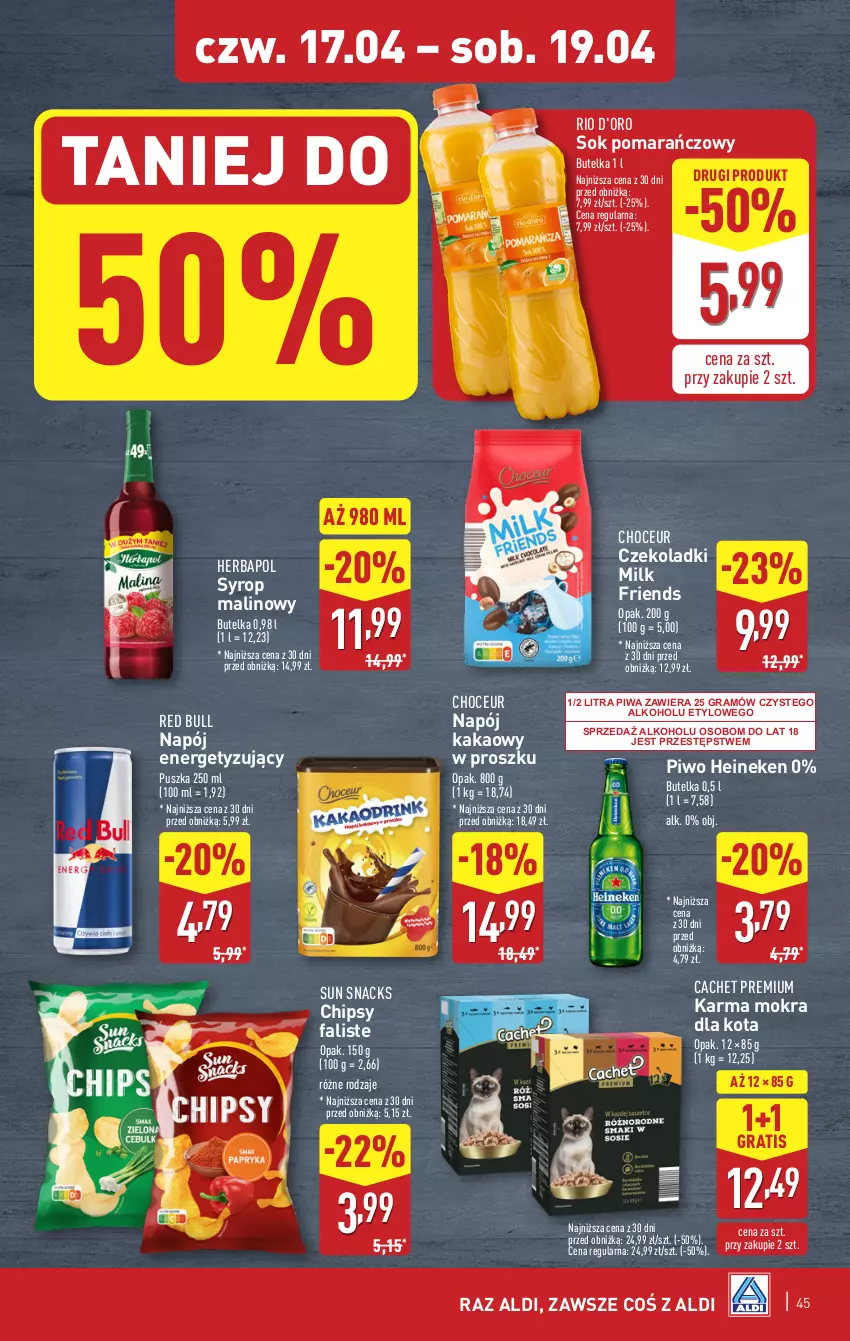 Gazetka promocyjna Aldi - Pełna oferta - ważna 14.04 do 19.04.2025 - strona 45 - produkty: Chipsy, Fa, Gra, Heineken, Herbapol, Kakao, Napój, Piwa, Piwo, Red Bull, Sok, Sok pomarańczowy, Syrop
