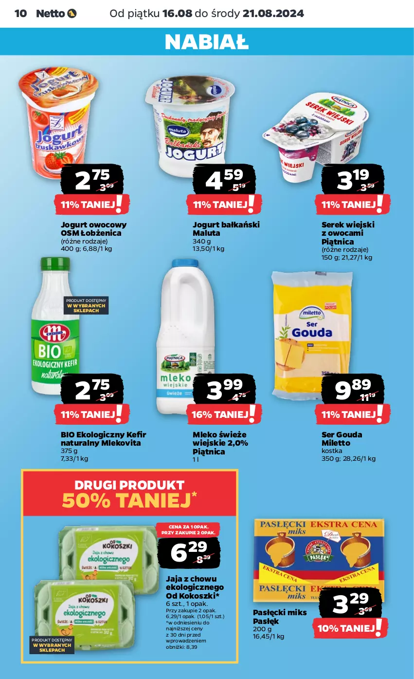 Gazetka promocyjna Netto - Netto Gazetka Food 33/24B - ważna 16.08 do 21.08.2024 - strona 10 - produkty: Gouda, Jaja, Jogurt, Jogurt owocowy, Kokos, Kosz, Mleko, Mlekovita, Piątnica, Ser, Serek, Serek wiejski