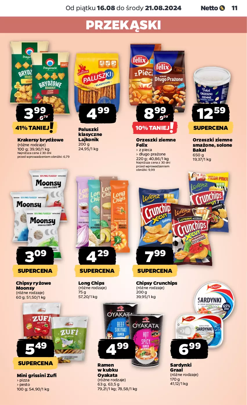 Gazetka promocyjna Netto - Netto Gazetka Food 33/24B - ważna 16.08 do 21.08.2024 - strona 11 - produkty: Chipsy, Crunchips, Felix, Gra, Graal, Grissini, Krakersy, Lajkonik, Orzeszki, Orzeszki ziemne, Pesto, Piec, Pizza, Ryż, Sardynki