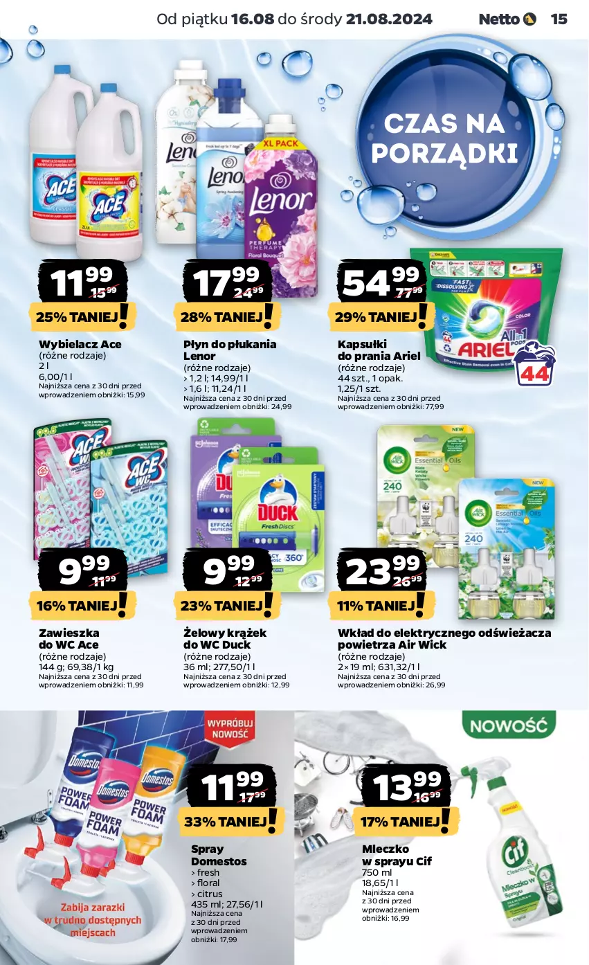 Gazetka promocyjna Netto - Netto Gazetka Food 33/24B - ważna 16.08 do 21.08.2024 - strona 15 - produkty: Air Wick, Ariel, Cif, Domestos, Duck, Flora, Kapsułki do prania, Lenor, Mleczko, Płyn do płukania, Zawieszka do wc