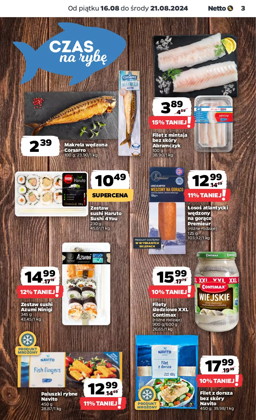 Gazetka promocyjna Netto - Netto Gazetka Food 33/24B - ważna 16.08 do 21.08.2024 - strona 3 - produkty: Dorsz, Filet z mintaja, Mintaj, Paluszki rybne, Sushi