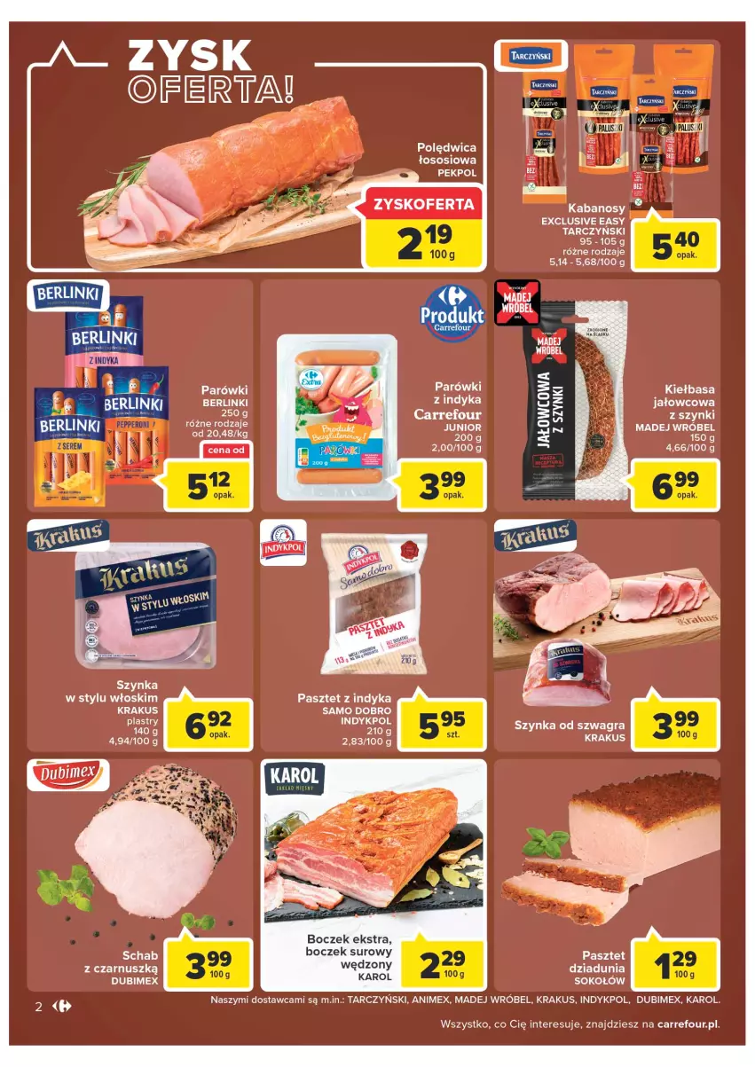 Gazetka promocyjna Carrefour - Gazetka Carrefour - ważna 14.06 do 26.06.2022 - strona 2 - produkty: Boczek, Gra, Kabanos, Kiełbasa, Krakus, Madej Wróbel, Parówki, Pasztet, Pasztet z indyka, Polędwica, Sok, Sokołów, Sos, Szynka, Tarczyński