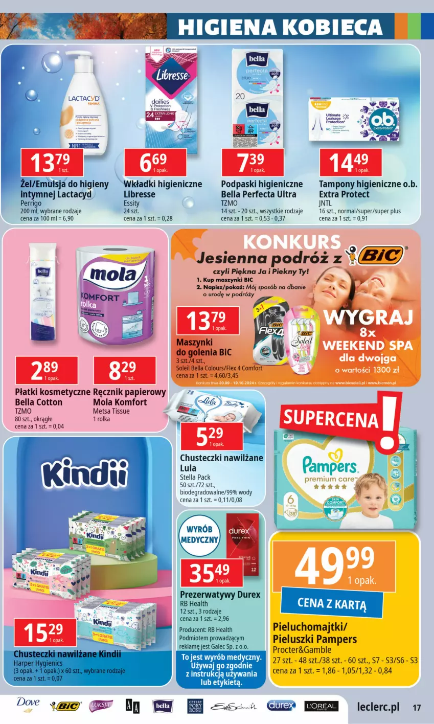 Gazetka promocyjna E Leclerc - ważna 01.10 do 12.10.2024 - strona 17 - produkty: Bell, Bella, BIC, Chusteczki, Dove, Gra, Majtki, Mola, O.B., Pampers, Papier, Perfecta, Pieluchomajtki, Płatki kosmetyczne, Podpaski, Por, Ręcznik, Tampony, Tera