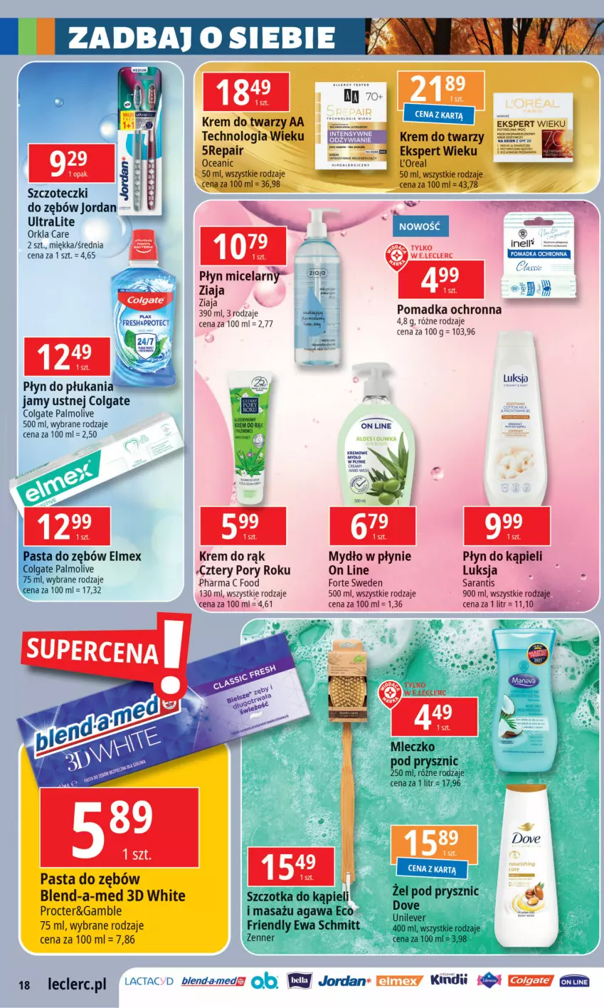 Gazetka promocyjna E Leclerc - ważna 01.10 do 12.10.2024 - strona 18 - produkty: Blend-a-Med, Colgate, Dove, Elmex, Ewa Schmitt, Kindii, Krem do rąk, LG, Luksja, Mleczko, Mydło, Mydło w płynie, Palmolive, Pasta do zębów, Płyn do kąpieli, Płyn do płukania, Por, Szczotka, Tera, Ziaja