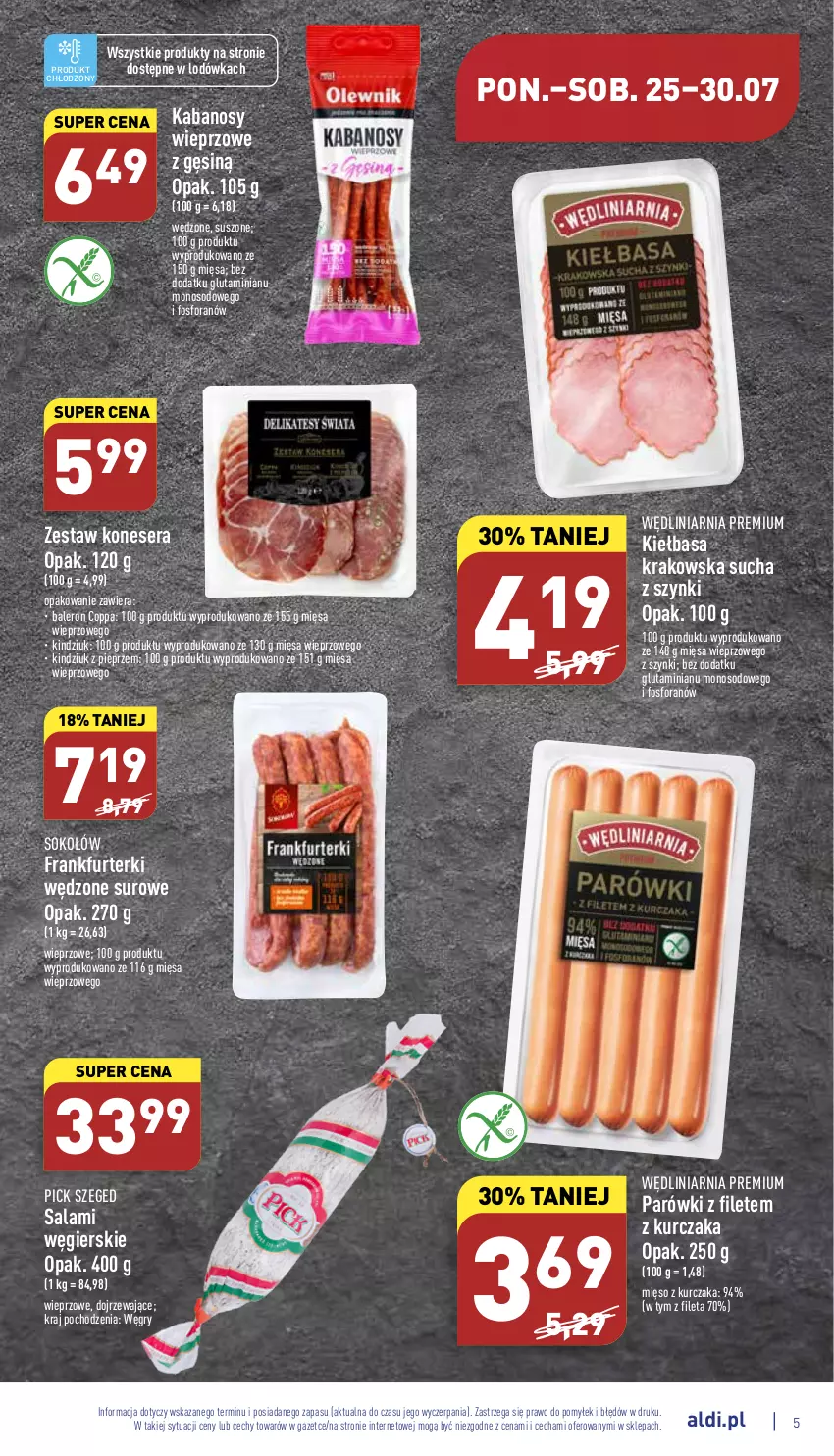 Gazetka promocyjna Aldi - Pełny katalog - ważna 25.07 do 30.07.2022 - strona 5 - produkty: Frankfurterki, Gry, Kabanos, Kiełbasa, Kiełbasa krakowska, Kindziuk, Kurczak, Lodówka, Mięso, Parówki, Pieprz, Salami, Ser, Sok, Sokołów