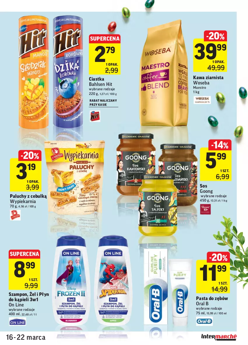 Gazetka promocyjna Intermarche - Wielkanoc I - ważna 16.03 do 22.03.2021 - strona 41 - produkty: Ciastka, Kawa, Kawa ziarnista, Oral B, Pasta do zębów, Płyn do kąpieli, Sos, Szampon, Woseba