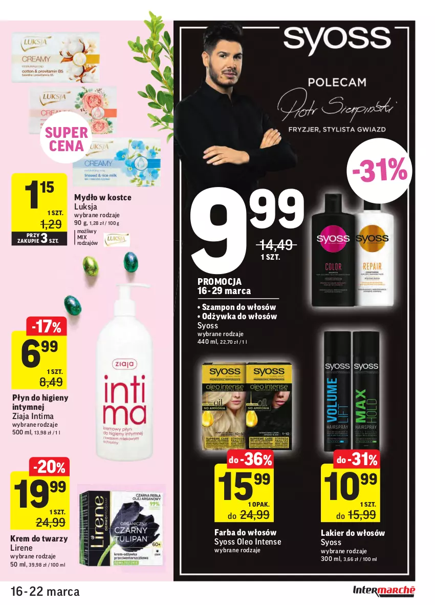 Gazetka promocyjna Intermarche - Wielkanoc I - ważna 16.03 do 22.03.2021 - strona 43 - produkty: Fa, Farba do włosów, Krem do twarzy, Lakier, Lakier do włosów, Lirene, Luksja, Mydło, Odżywka, Oleo, Płyn do higieny intymnej, Syoss, Szampon, Ziaja