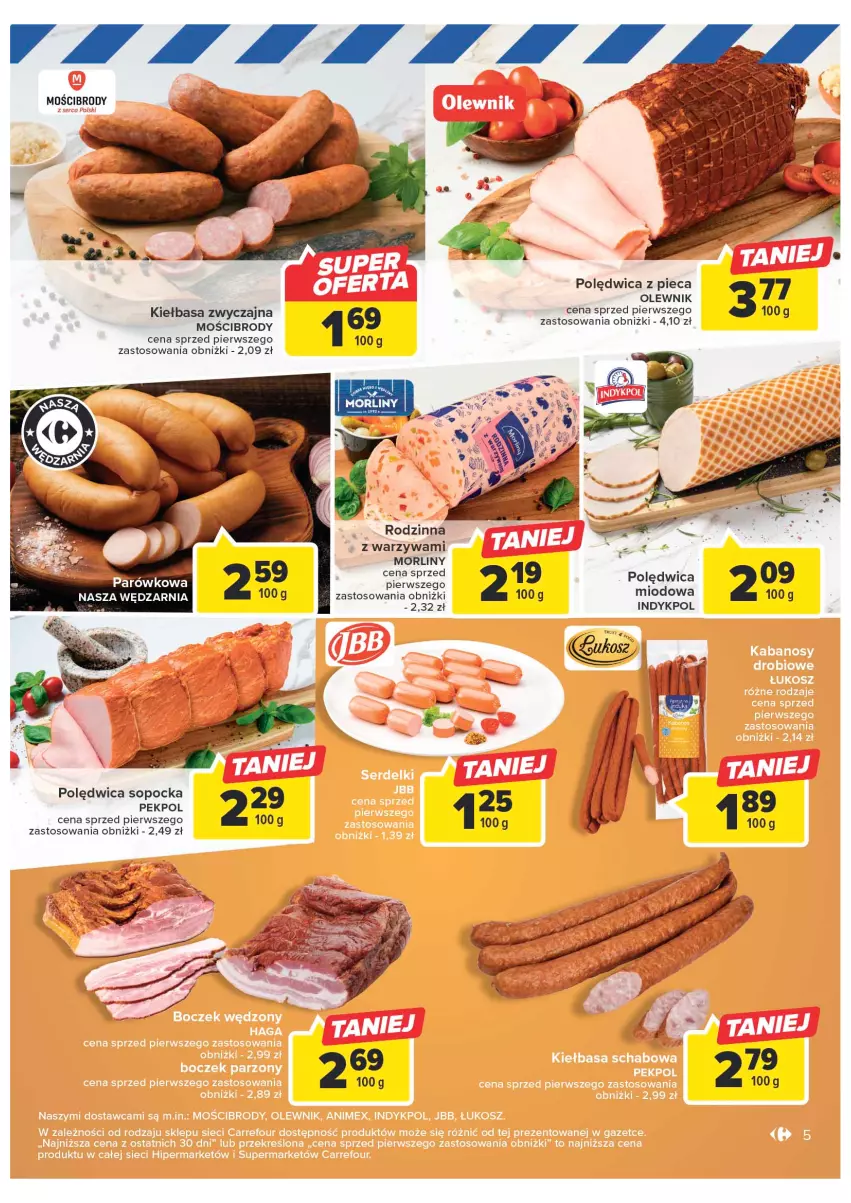 Gazetka promocyjna Carrefour - Gazetka Targ świeżości - ważna 09.01 do 14.01.2023 - strona 5 - produkty: Fa, Kiełbasa, Morliny, Olewnik, Pekpol, Piec, Polędwica, Warzywa