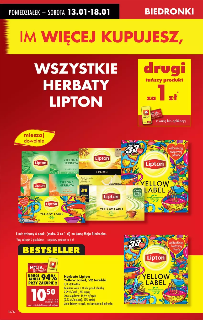 Gazetka promocyjna Biedronka - Od Poniedziałku - ważna 13.01 do 18.01.2025 - strona 12 - produkty: Herbata, Lipton, Torebka