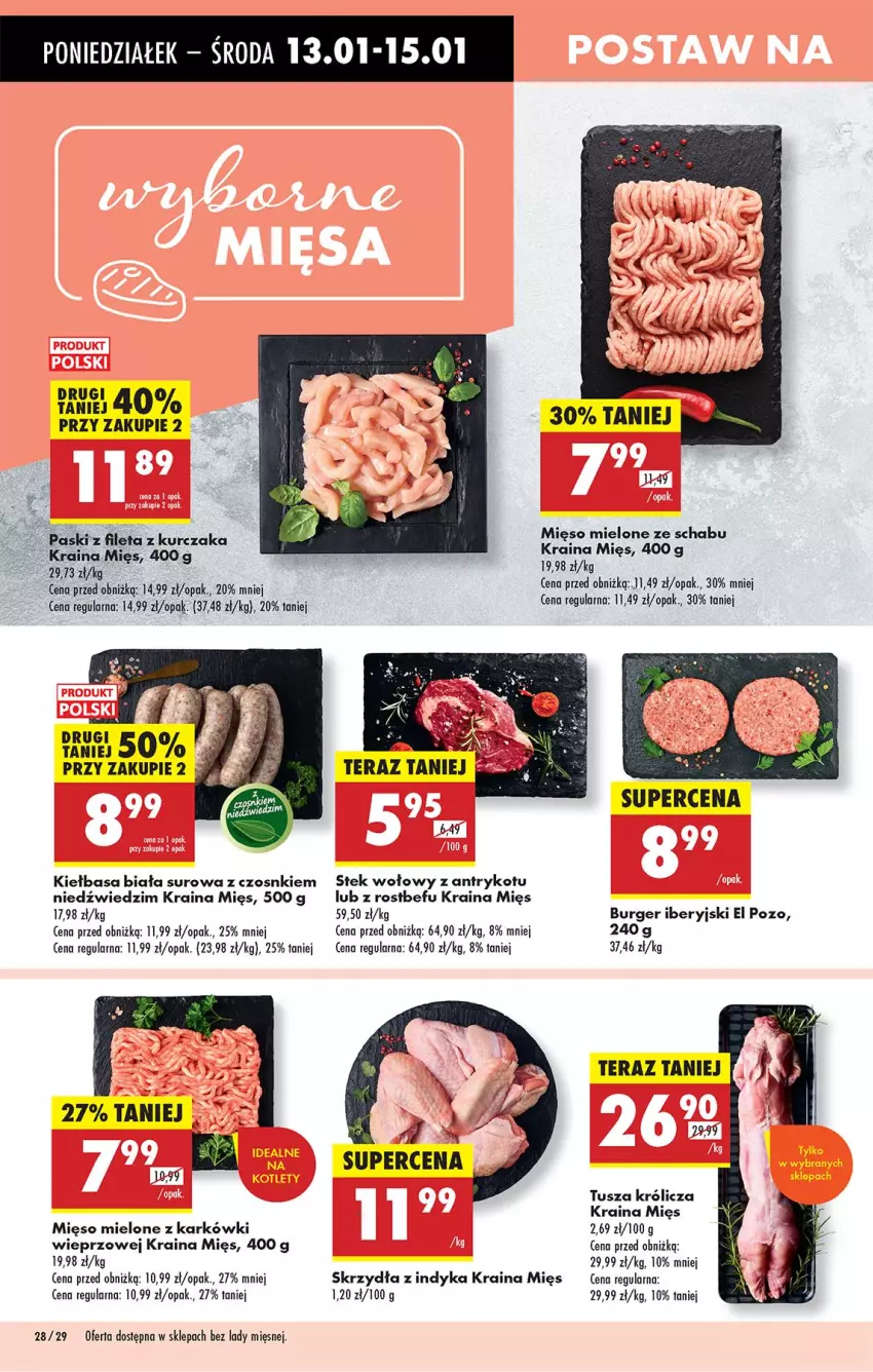 Gazetka promocyjna Biedronka - Od Poniedziałku - ważna 13.01 do 18.01.2025 - strona 30 - produkty: Burger, Kiełbasa, Kiełbasa biała, Kurczak, Mięso, Mięso mielone, Rostbef, Stek, Stek wołowy, Tera, Tusz