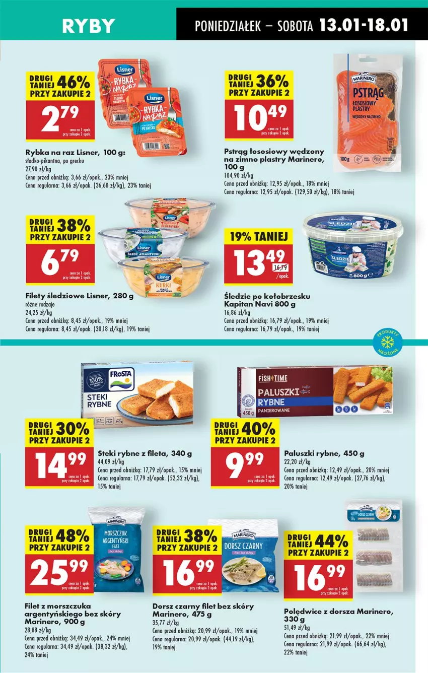 Gazetka promocyjna Biedronka - Od Poniedziałku - ważna 13.01 do 18.01.2025 - strona 33 - produkty: Dorsz, Filet z morszczuka, Lisner, Paluszki rybne, Pstrąg, Rybka na raz, Sos, Stek