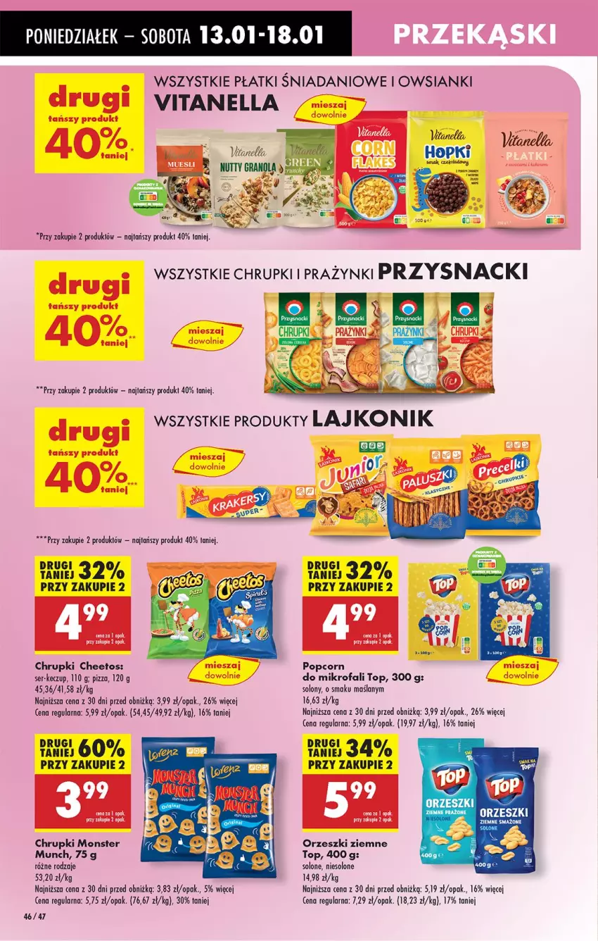 Gazetka promocyjna Biedronka - Od Poniedziałku - ważna 13.01 do 18.01.2025 - strona 52 - produkty: Cheetos, Chrupki, Danio, Fa, Lajkonik, Monster Munch, Orzeszki, Orzeszki ziemne, Pizza, Popcorn, Prazynki, Przysnacki, Ser, Top