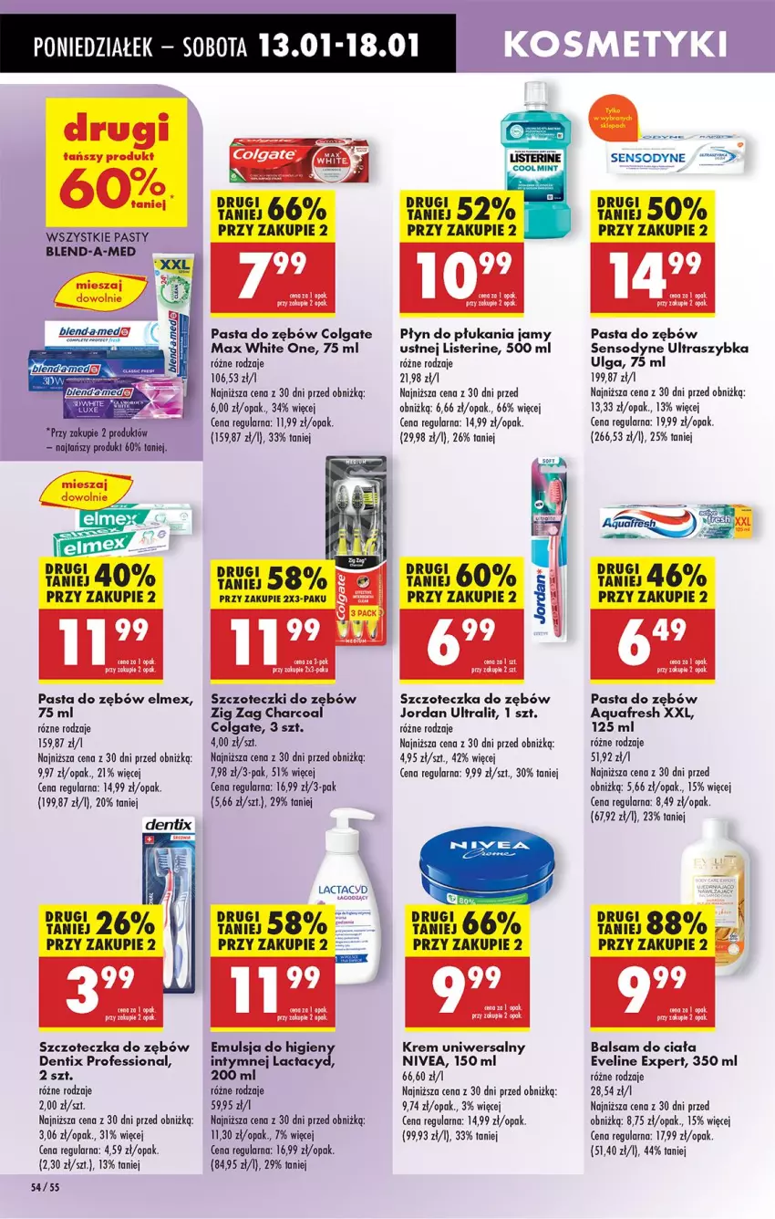 Gazetka promocyjna Biedronka - Od Poniedziałku - ważna 13.01 do 18.01.2025 - strona 60 - produkty: Aquafresh, Balsam do ciała, Blend-a-Med, Colgate, Elmex, Emulsja, Eveline, Krem uniwersalny, LG, Listerine, Nivea, Pasta do zębów, Płyn do płukania, Płyn do płukania jamy ustnej, Sensodyne, Szczoteczka, Szczoteczka do zębów