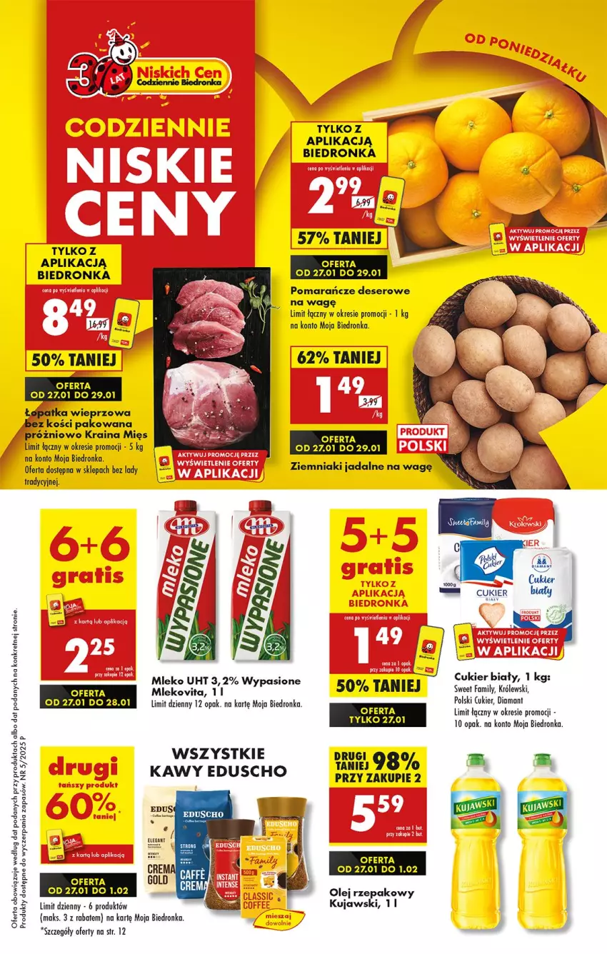 Gazetka promocyjna Biedronka - Od Poniedziałku - ważna 27.01 do 01.02.2025 - strona 1 - produkty: Cukier, Deser, Diamant, Fa, Kret, Królewski, Kujawski, Mleko, Mlekovita, Olej, Olej rzepakowy, Pled, Pomarańcze, Ser, Wiko, Ziemniaki