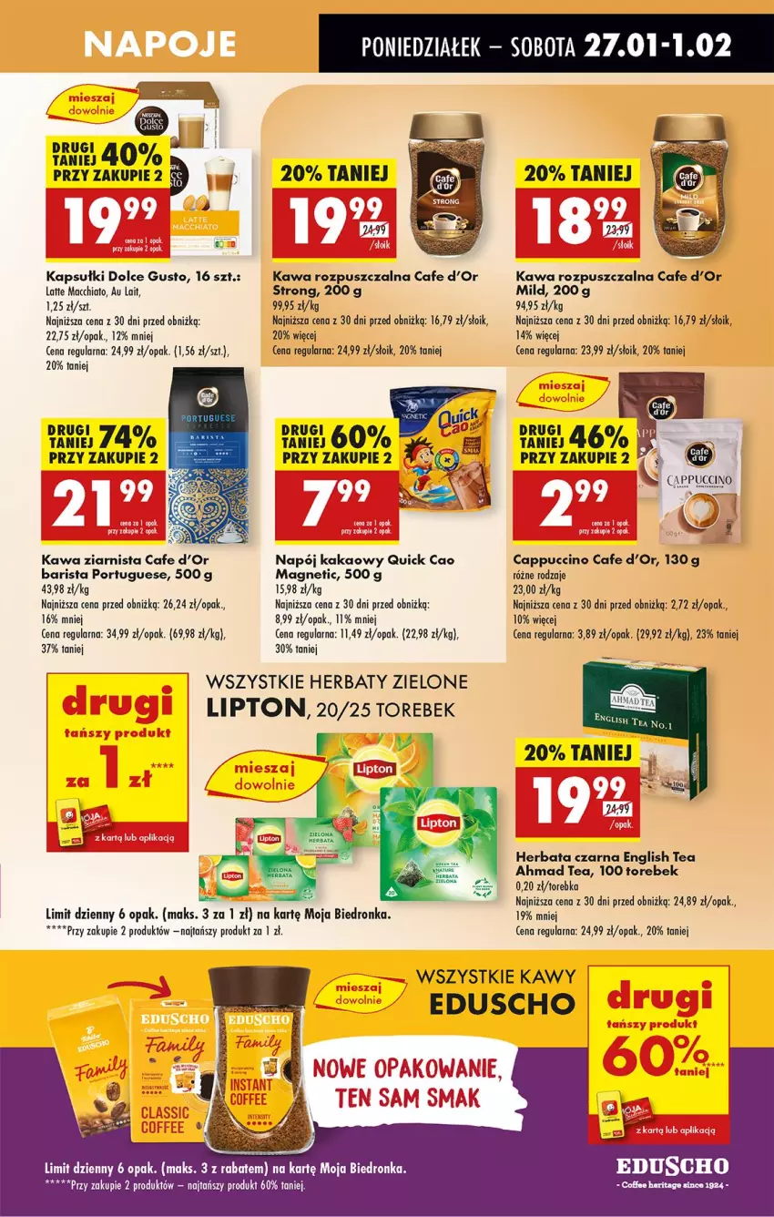 Gazetka promocyjna Biedronka - Od Poniedziałku - ważna 27.01 do 01.02.2025 - strona 59 - produkty: Cappuccino, Chia, Dolce Gusto, Fa, Herbata, Herbata czarna, Kakao, Kawa, Kawa rozpuszczalna, Kawa ziarnista, Lipton, Napój, Por, Pur, Torebka