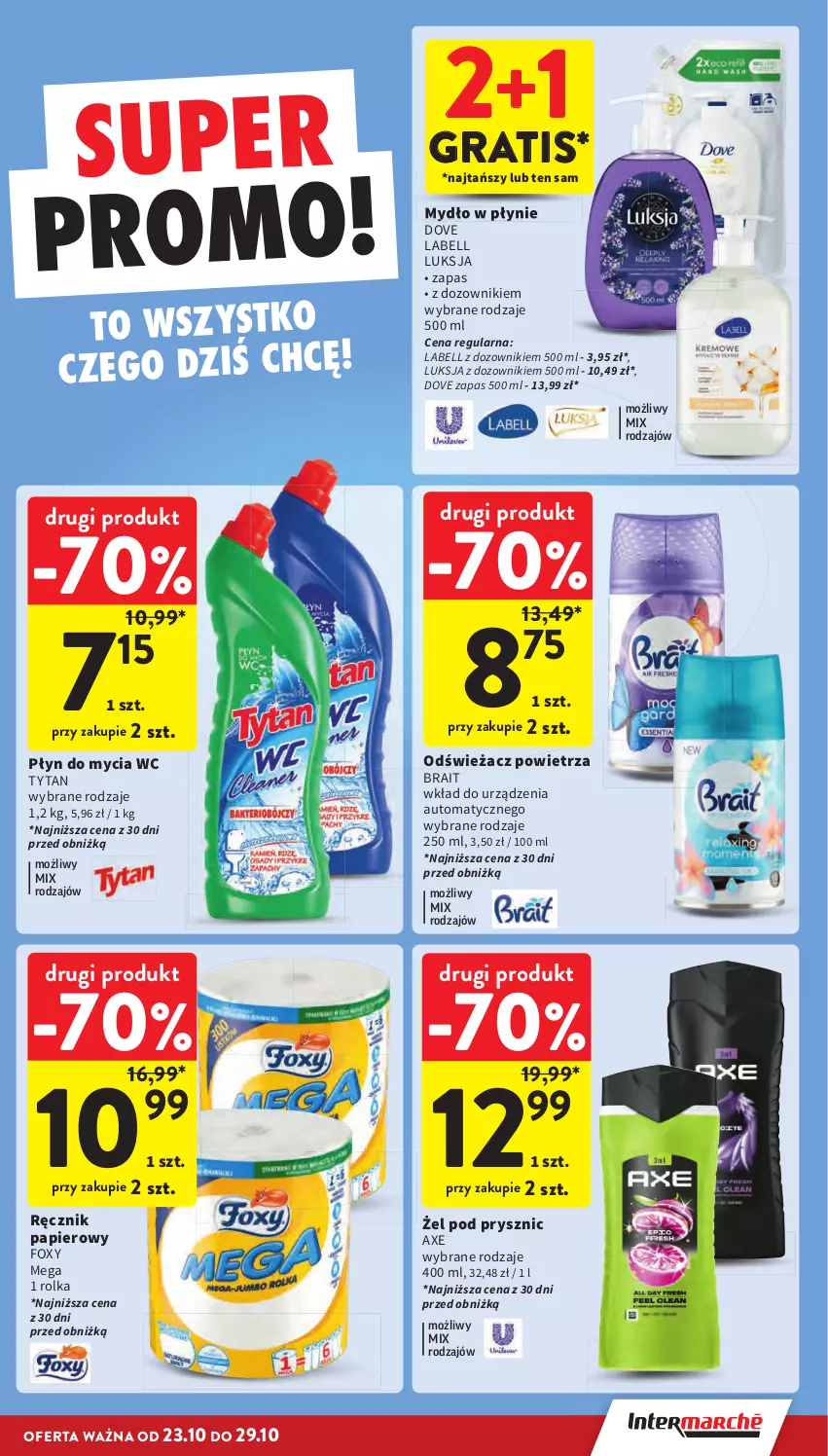 Gazetka promocyjna Intermarche - Gazetka promocyjna - ważna 23.10 do 29.10.2025 - strona 33 - produkty: Bell, Dove, Dozownik, Foxy, Gra, Luksja, Mydło, Mydło w płynie, Odświeżacz powietrza, Papier, Płyn do mycia, Ręcznik, Tytan