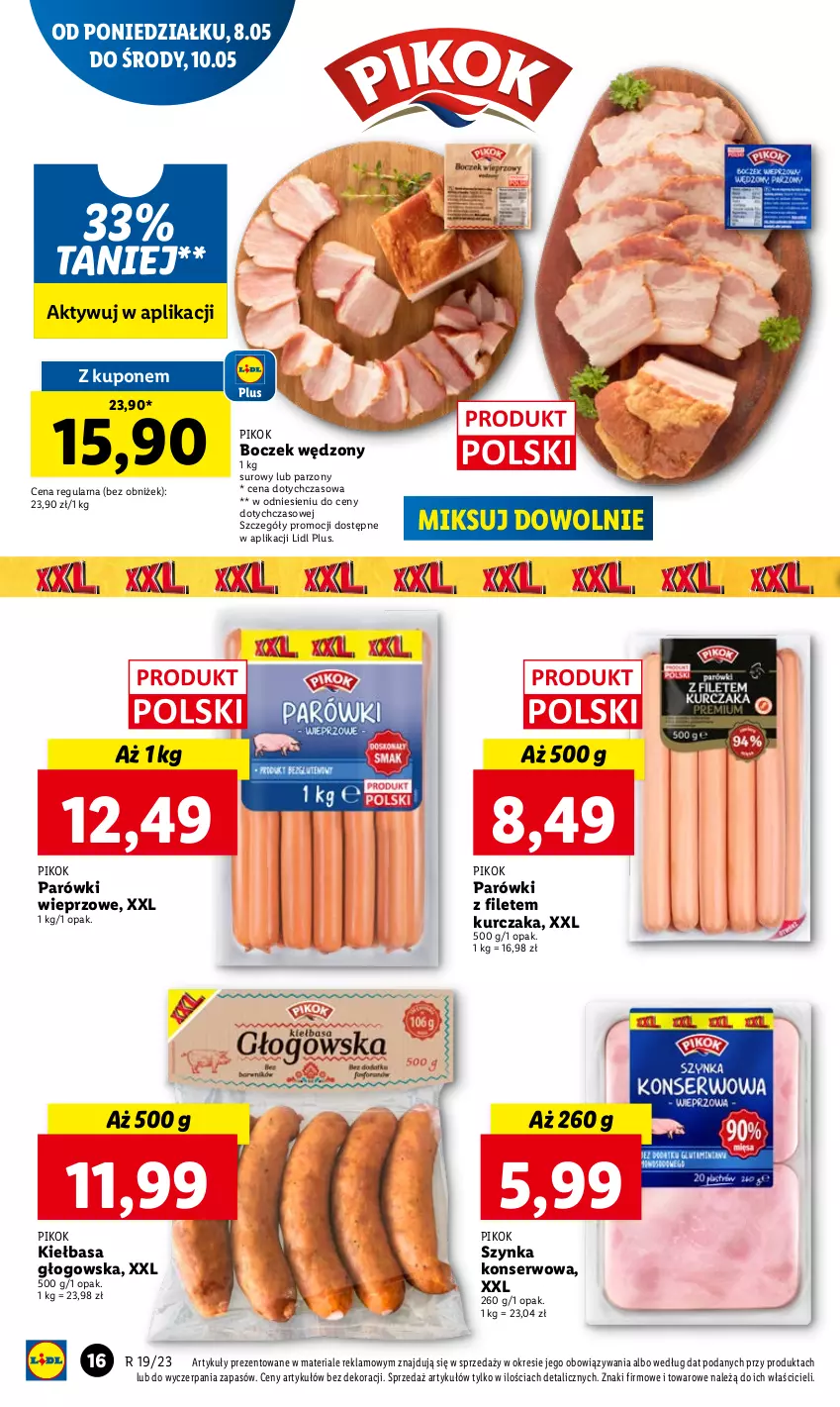 Gazetka promocyjna Lidl - GAZETKA - ważna 08.05 do 10.05.2023 - strona 18 - produkty: Boczek, Kiełbasa, Kiełbasa głogowska, Kurczak, Parówki, PIKOK, Ser, Szynka, Szynka konserwowa