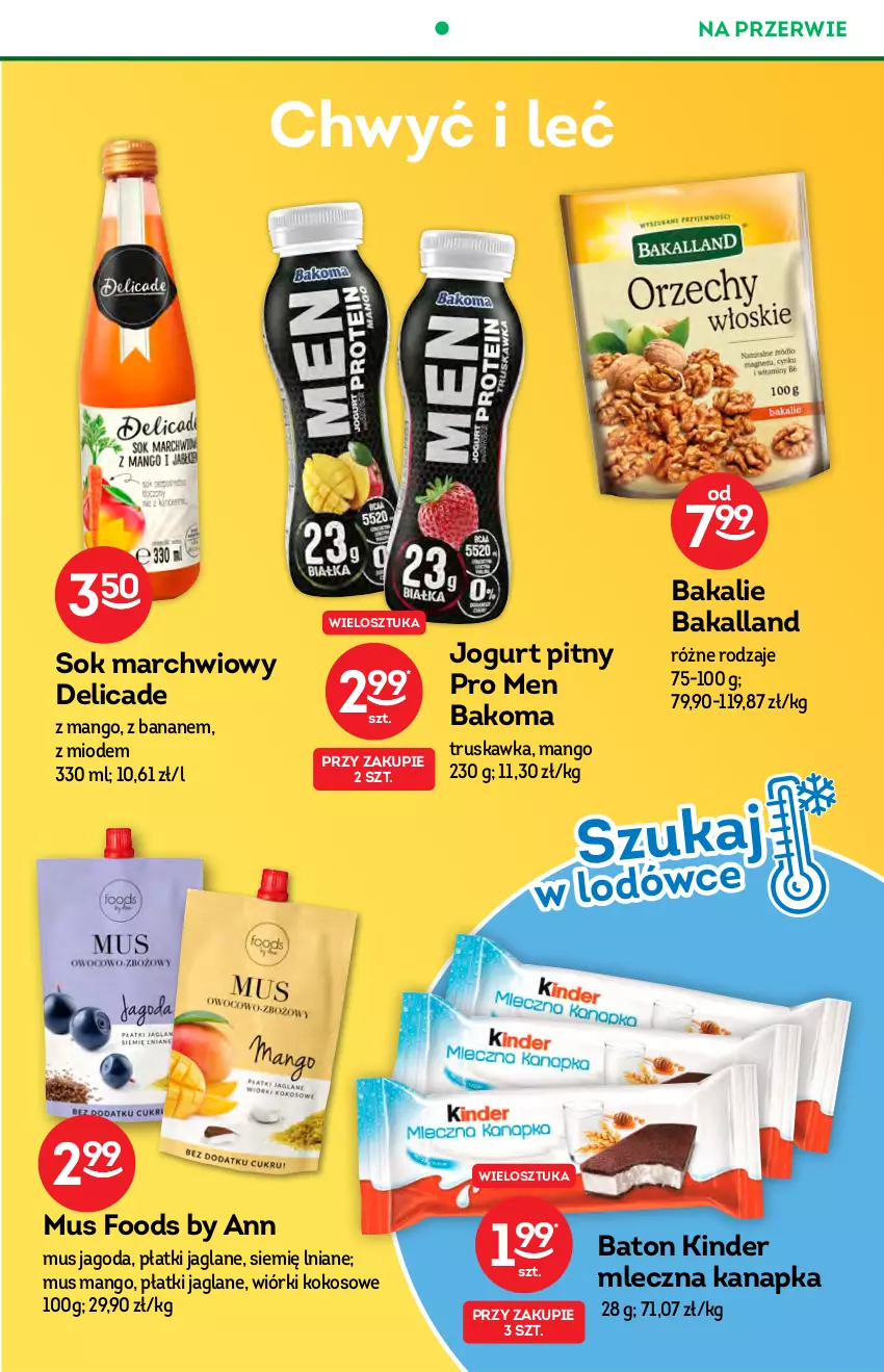 Gazetka promocyjna Żabka - ważna 13.10 do 19.10.2021 - strona 26 - produkty: Bakalland, Bakoma, Baton, Jogurt, Jogurt pitny, Kinder, Kokos, Mango, Mleczna kanapka, Mus, Sok, Wiórki kokosowe