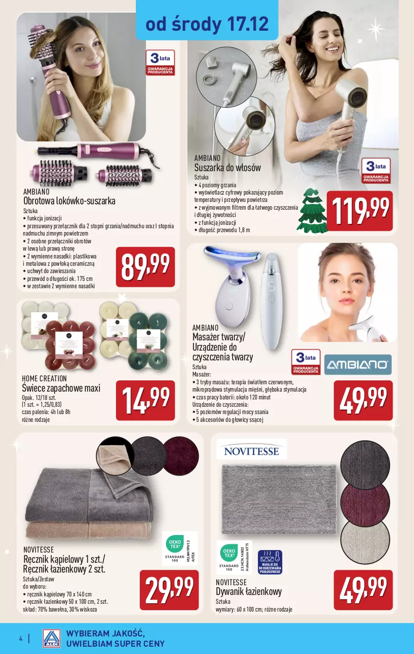 Gazetka promocyjna Aldi - Artykuły przemysłowe i tekstylia - ważna 17.12 do 20.12.2025 - strona 4 - produkty: Dywan, Dywanik, Dywanik łazienkowy, Masażer, Przewód, Ręcznik, Ręcznik kąpielowy, Suszarka, Tera, Top, Wełna