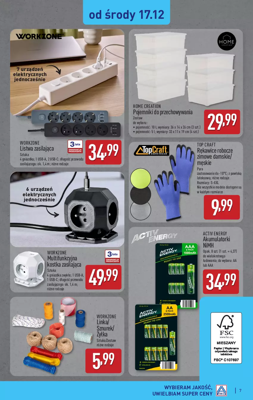 Gazetka promocyjna Aldi - Artykuły przemysłowe i tekstylia - ważna 17.12 do 20.12.2025 - strona 7 - produkty: Akumulator, Inka, Listwa, Pojemnik, Rękawice, Rękawice robocze, Sznurek, Top
