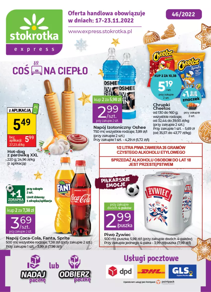 Gazetka promocyjna Stokrotka - Stokrotka Express - ważna 17.11 do 23.11.2022 - strona 1 - produkty: Cheetos, Chrupki, Coca-Cola, Fa, Fanta, Gra, Napój, Napój izotoniczny, Oshee, Piwa, Piwo, Sprite