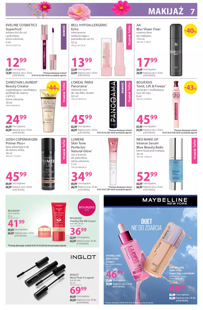 Gazetka promocyjna Hebe - Gazetka - ważna 04.03 do 18.03.2026 - strona 7 - produkty: Bell, Bell HypoAllergenic, Bourjois, Eveline, Gosh, Krem bb, L’Oréal, Laur, Makijaż, Maybelline, Podkład, Podkład do twarzy, Rama, Rum, Ser, Serum, Tusz