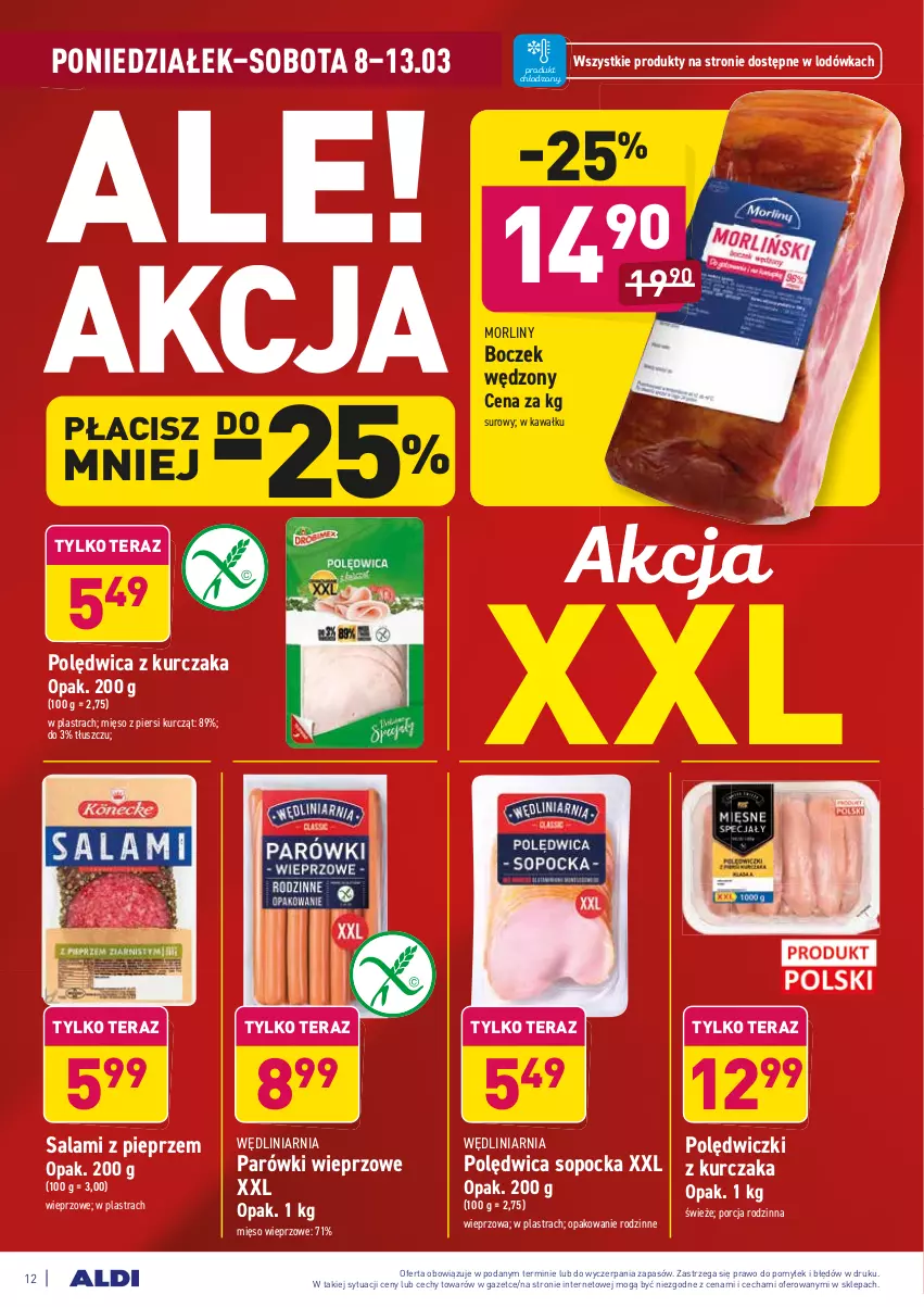 Gazetka promocyjna Aldi - ALE! CENA - ważna 08.03 do 13.03.2021 - strona 12 - produkty: Boczek, Kawa, Kurczak, Lodówka, Mięso, Mięso wieprzowe, Morliny, Parówki, Pieprz, Polędwica, Por, Salami, Tera