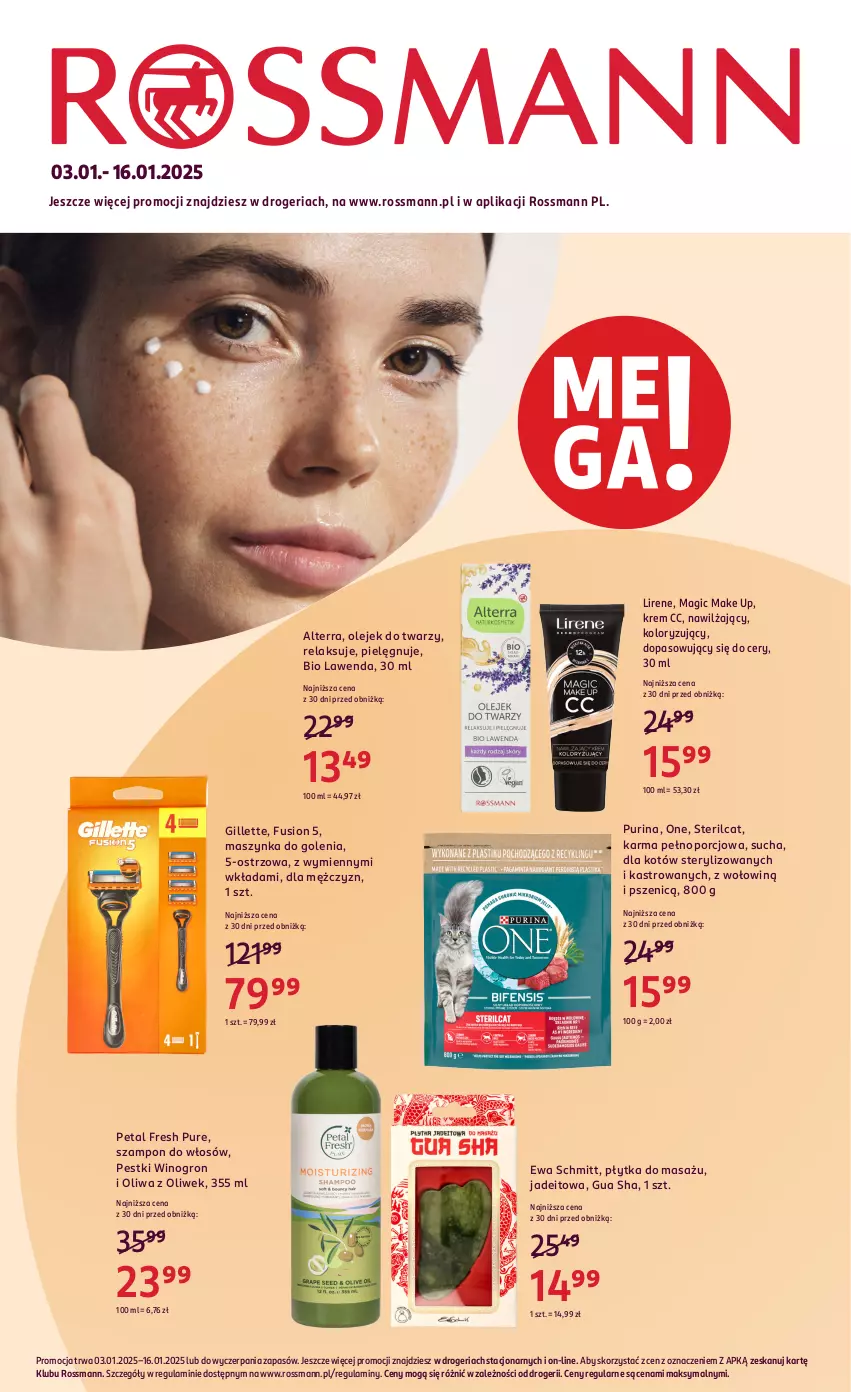 Gazetka promocyjna Rossmann - ważna 03.01 do 16.01.2025 - strona 1 - produkty: Alterra, Ewa Schmitt, Fusion, Gillette, Lirene, Maszynka, Maszynka do golenia, Olej, Oliwa, Oliwa z oliwek, Petal Fresh, Płytka, Por, Pur, Purina, Szampon, Szynka, Wino