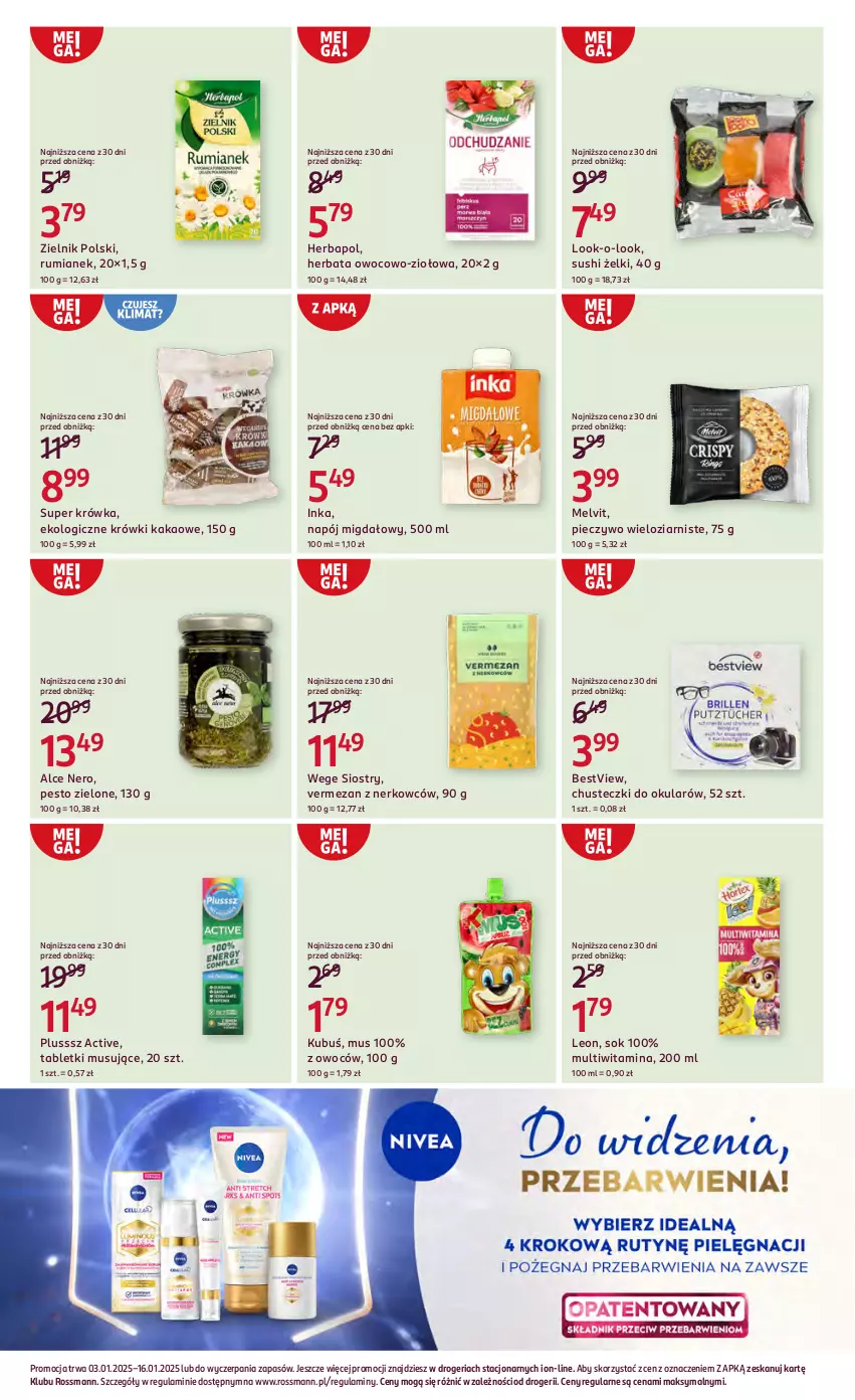 Gazetka promocyjna Rossmann - ważna 03.01 do 16.01.2025 - strona 13 - produkty: Chusteczki, Herbapol, Herbata, Inka, Kakao, Kubuś, Leon, Melvit, Mus, Napój, Pesto, Piec, Pieczywo, Rum, Sok, Sushi, Tablet, Tabletki musujące