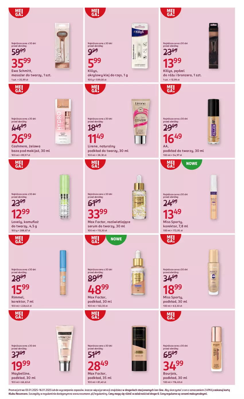 Gazetka promocyjna Rossmann - ważna 03.01 do 16.01.2025 - strona 3 - produkty: Bell, Bourjois, Bronzer, Ewa Schmitt, Fa, Killys, Klej, Lirene, Lovely, Makijaż, Masażer, Max Factor, Maybelline, Miss Sporty, Pędzel do różu, Podkład, Podkład do twarzy, Por, Rum, Ser, Serum, Serum do twarzy, Sport