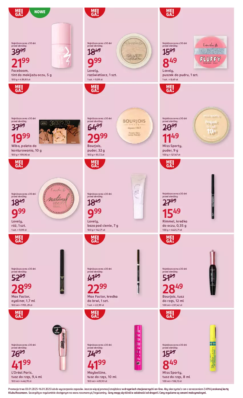 Gazetka promocyjna Rossmann - ważna 03.01 do 16.01.2025 - strona 4 - produkty: Bell, Bourjois, Fa, Kredka, Kredka do brwi, L’Oréal, Lovely, Makijaż, Max Factor, Maybelline, Miss Sporty, Paleta, Por, Puder, Rozświetlacz, Sport, Tusz, Wibo