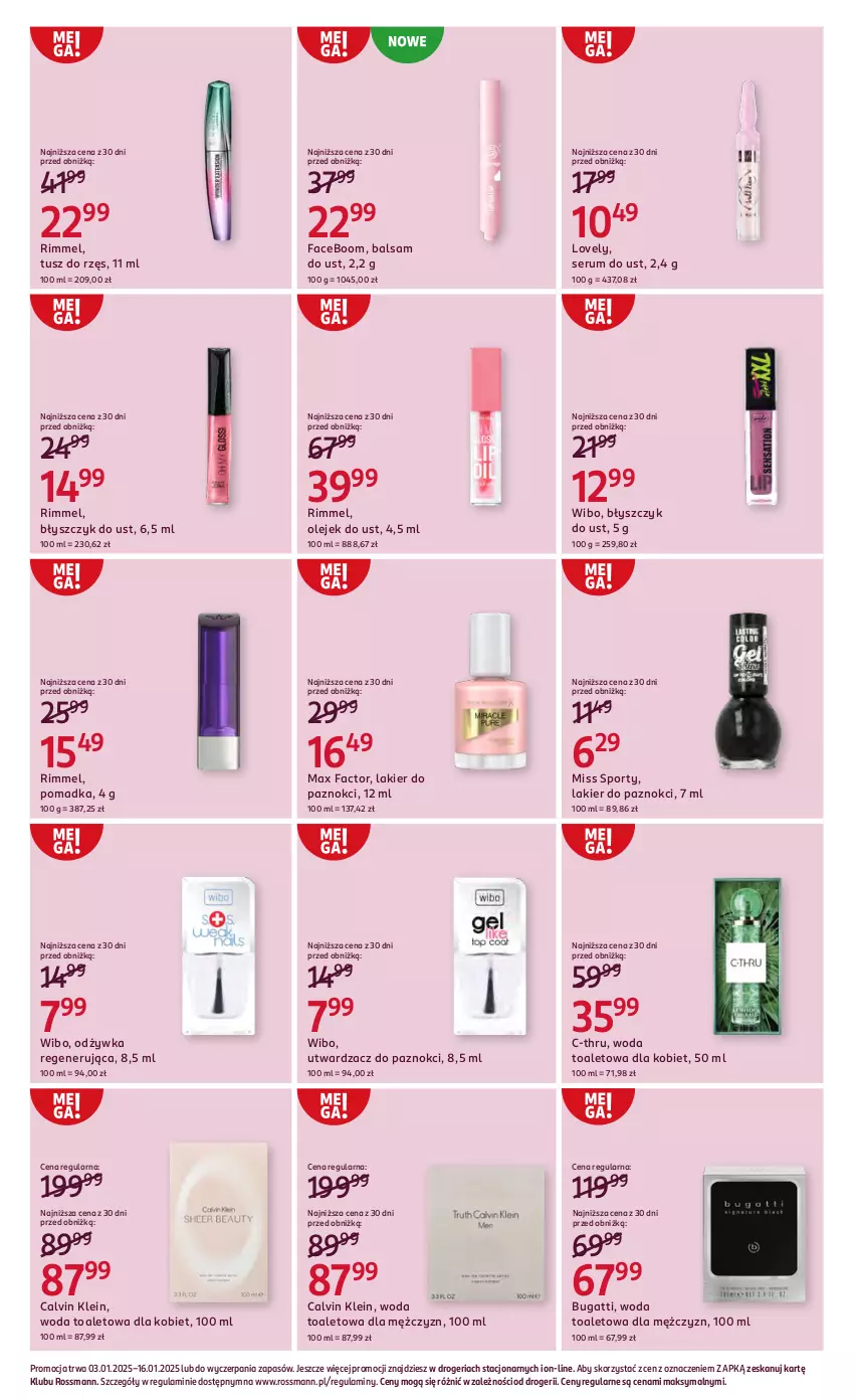 Gazetka promocyjna Rossmann - ważna 03.01 do 16.01.2025 - strona 5 - produkty: Balsam do ust, Błyszczyk do ust, C-Thru, Calvin Klein, Fa, Lakier, Lakier do paznokci, Lovely, Max Factor, Miss Sporty, Odżywka, Olej, Por, Rum, Ser, Serum, Sport, Tusz, Wibo, Woda, Woda toaletowa