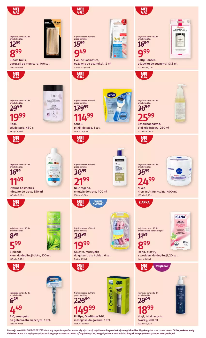 Gazetka promocyjna Rossmann - ważna 03.01 do 16.01.2025 - strona 9 - produkty: BIC, Bielenda, Emulsja, Eveline, Gillette, Isana, Krem do depilacji, Maszynka, Maszynka do golenia, Mleczko, Mleczko do ciała, Neutrogena, Nivea, Odżywka, Olej, Philips, Pilnik, Sally Hansen, Scholl, Sól, Szynka