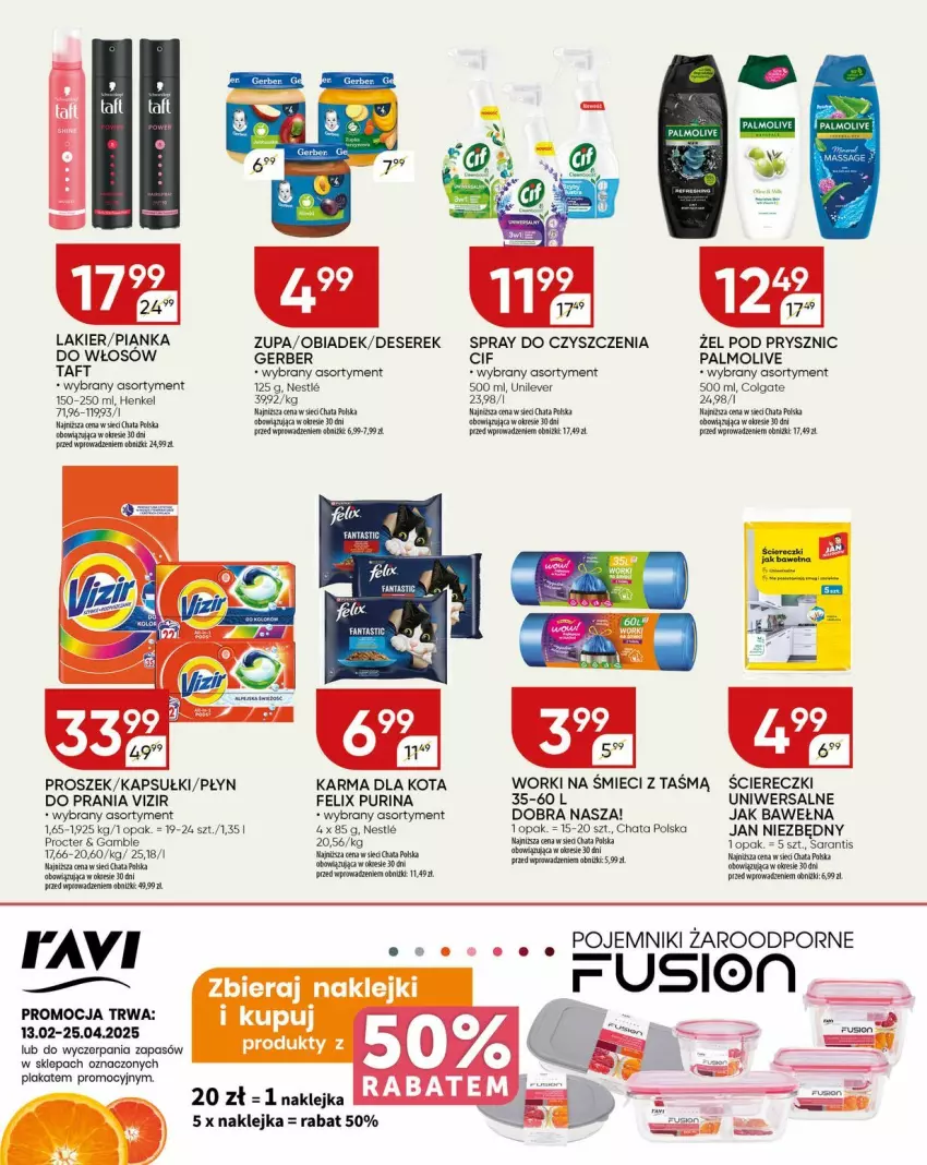 Gazetka promocyjna Chata Polska - ważna 10.04 do 20.04.2025 - strona 15 - produkty: Cif, Colgate, Deser, Felix, Fusion, Gerber, Jan Niezbędny, Klej, Lakier, LG, Mus, Palmolive, Pur, Purina, Ser, Serek, Spray do czyszczenia, Taft, Vizir, Wełna, Worki na śmiec, Worki na śmieci, Zupa