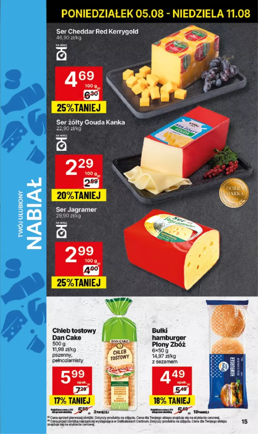 Gazetka promocyjna Delikatesy Centrum - NOWA GAZETKA Delikatesy Centrum od 5 sierpnia! 5-11.08.2024 - ważna 05.08 do 11.08.2024 - strona 15 - produkty: Burger, Cheddar, Chleb, Chleb tostowy, Dan Cake, Gouda, Gra, Hamburger, Jagr, Rum, Ser, Sezam