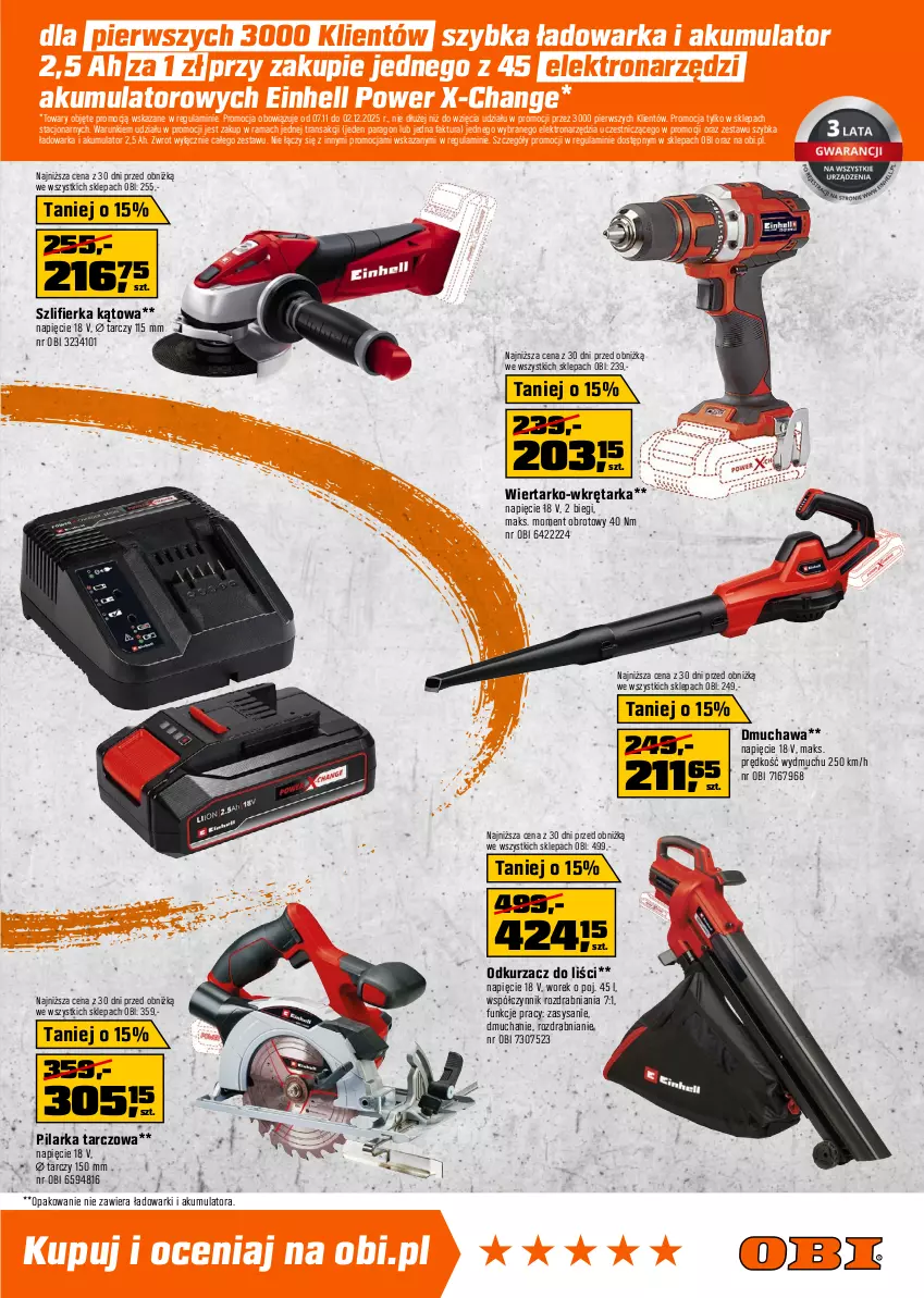 Gazetka promocyjna Obi - Gazetka OBI - ważna 07.11 do 02.12.2025 - strona 13 - produkty: Akumulator, Einhell, Fa, Kompresor, Odkurzacz, Odkurzacz do liści, Pilarka tarczowa, Rama, Rum, Szlifierka, Szlifierka kątowa, Tarka, Tran, Warka, Wkręt, Wkrętarka, Wyrzynarka