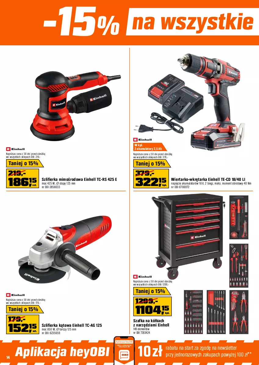 Gazetka promocyjna Obi - Gazetka OBI - ważna 07.11 do 02.12.2025 - strona 14 - produkty: Akumulator, Einhell, Fa, Mieszadło, Odkurzacz, Odkurzacz warsztatowy, Przecinarka, Przecinarka do drewna, Szafka, Szlifierka, Szlifierka kątowa, Tarka, Top, Wkręt, Wkrętarka