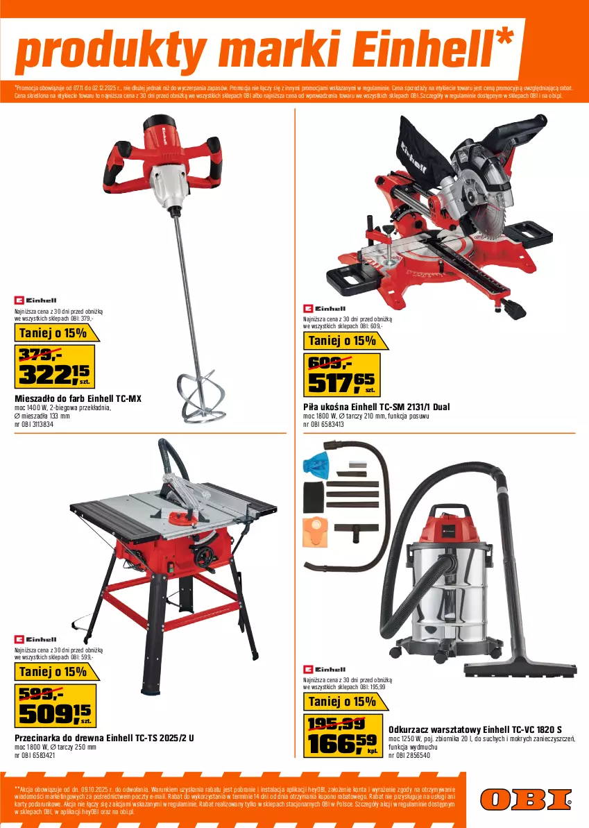 Gazetka promocyjna Obi - Gazetka OBI - ważna 07.11 do 02.12.2025 - strona 15 - produkty: Akumulator, Einhell, Fa, Mieszadło, Odkurzacz, Odkurzacz warsztatowy, Przecinarka, Przecinarka do drewna, Szafka, Szlifierka, Szlifierka kątowa, Tarka, Top, Wkręt, Wkrętarka
