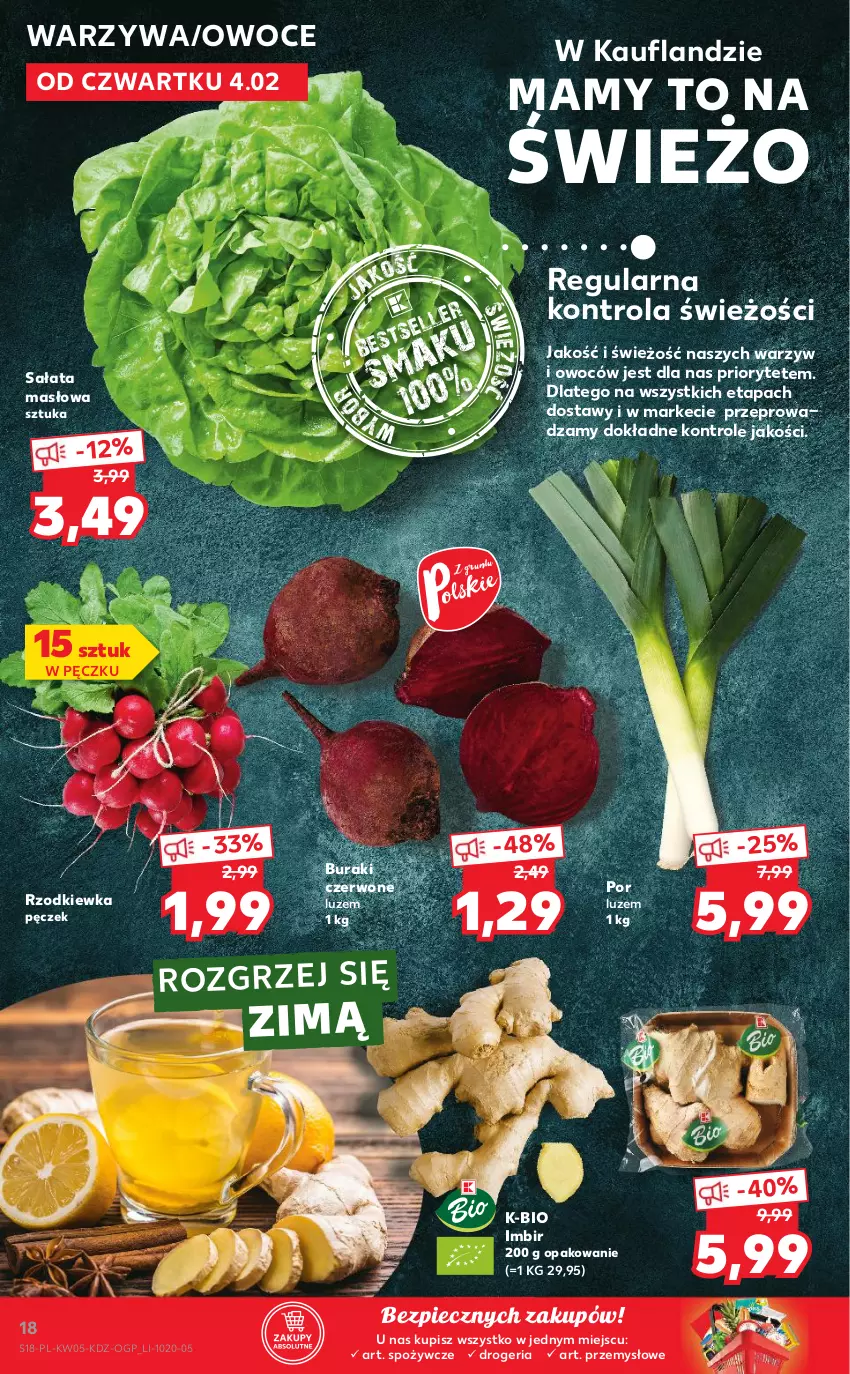 Gazetka promocyjna Kaufland - Promocje - ważna 04.02 do 10.02.2021 - strona 18 - produkty: Buraki, Imbir, Masło, Owoce, Piec, Por, Rzodkiewka, Sałat, Sałata masłowa, Warzywa