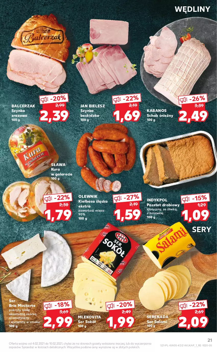 Gazetka promocyjna Kaufland - Promocje - ważna 04.02 do 10.02.2021 - strona 21 - produkty: Aksam, Brie, Gala, Kabanos, Kiełbasa, Kiełbasa śląska, Mleko, Mlekovita, Olewnik, Pasztet, Salami, Ser, Ser salami, Sok, Sokół, Szynka