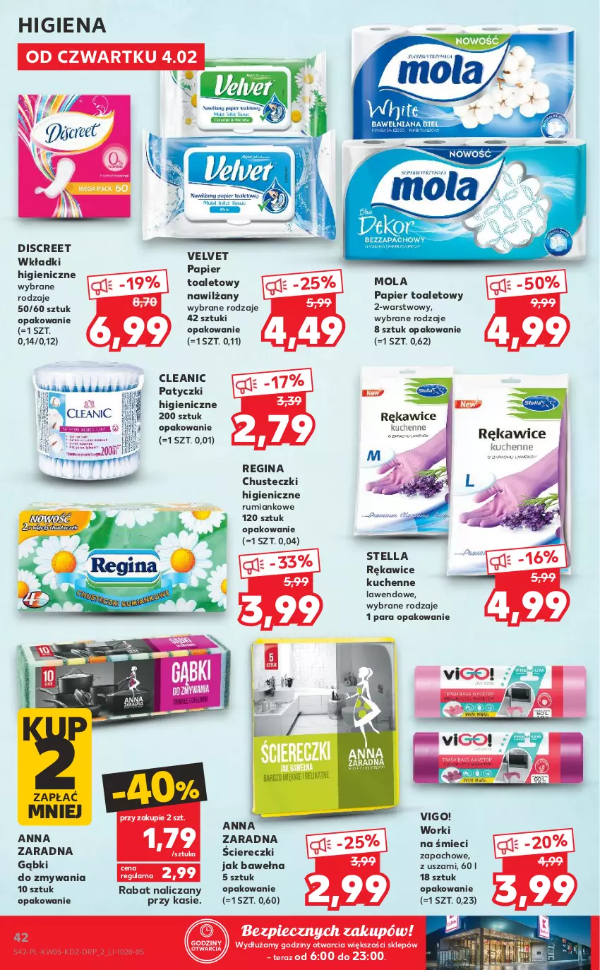 Gazetka promocyjna Kaufland - Promocje - ważna 04.02 do 10.02.2021 - strona 42 - produkty: Chusteczki, Cleanic, Discreet, Gin, Mola, Papier, Papier toaletowy, Piec, Rękawice, Rum, Tera, Velvet, Wełna, Wkładki, Worki na śmiec, Worki na śmieci