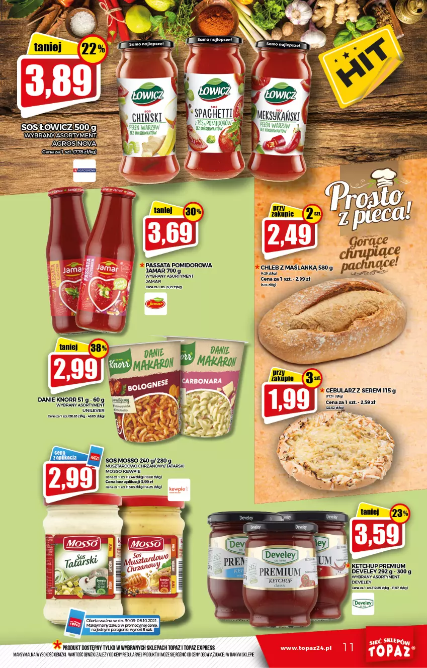 Gazetka promocyjna Topaz - Gazetka - ważna 30.09 do 06.10.2021 - strona 11 - produkty: Cebula, Chleb, Chrzan, Knorr, Mus, Ser, Sok, Sos, Spaghetti, Top