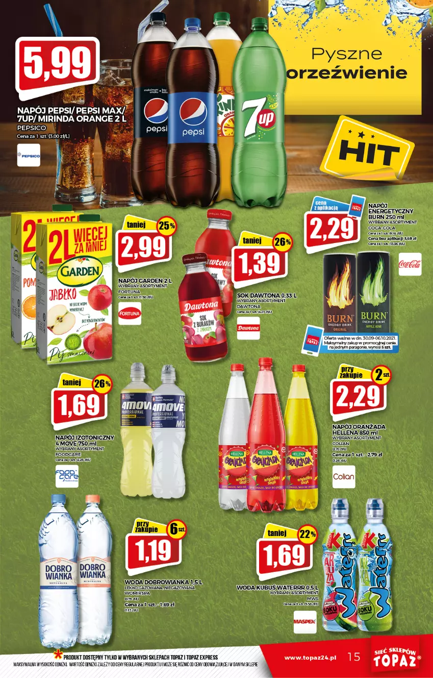 Gazetka promocyjna Topaz - Gazetka - ważna 30.09 do 06.10.2021 - strona 15 - produkty: 7up, Bell, Dawtona, Dobrowianka, Kubuś, Mirinda, Napój, Oranżada, Orka, Pepsi, Sok, Top, Woda